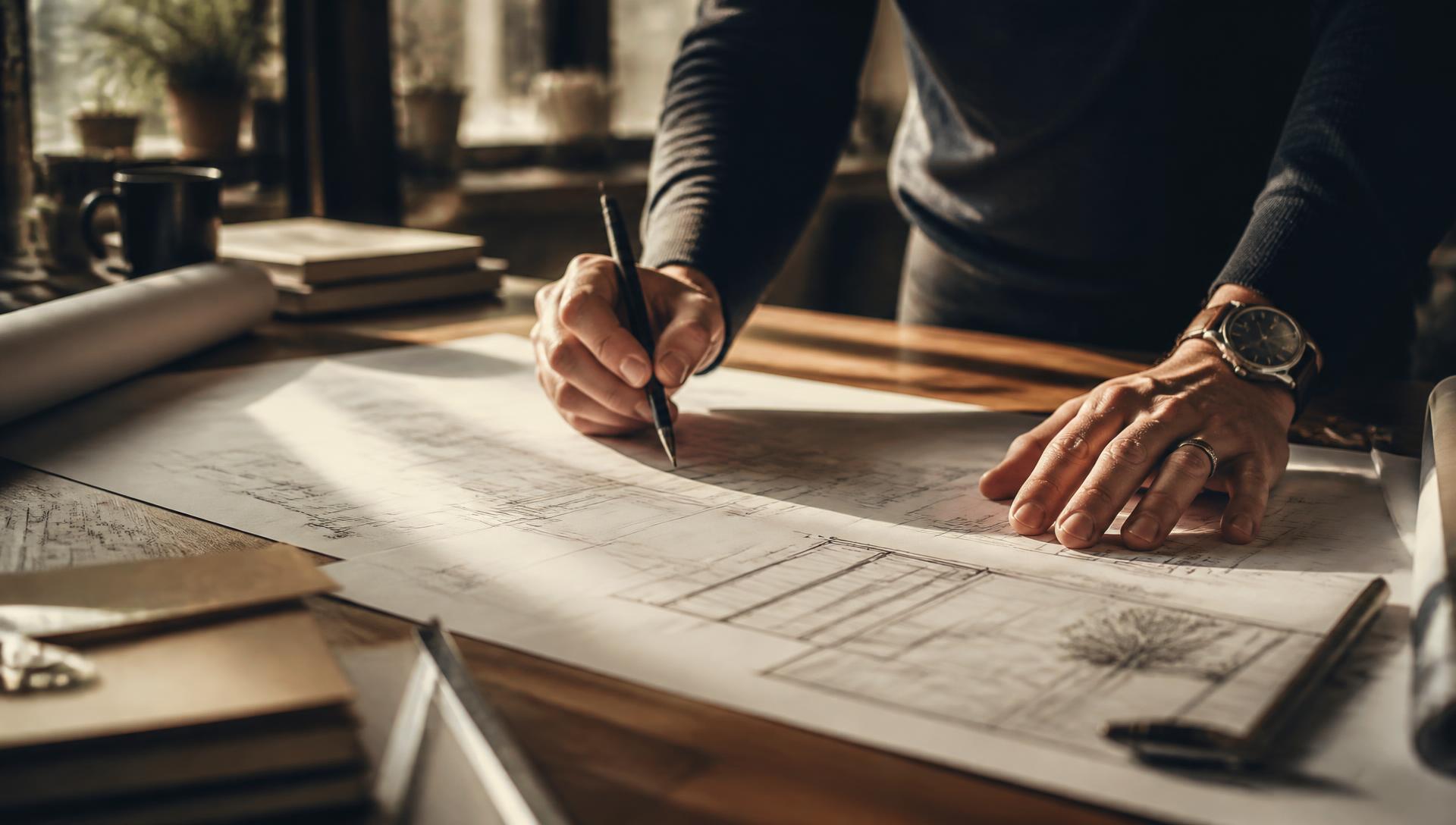 Architect reviewing residential construction plans in Houston studio