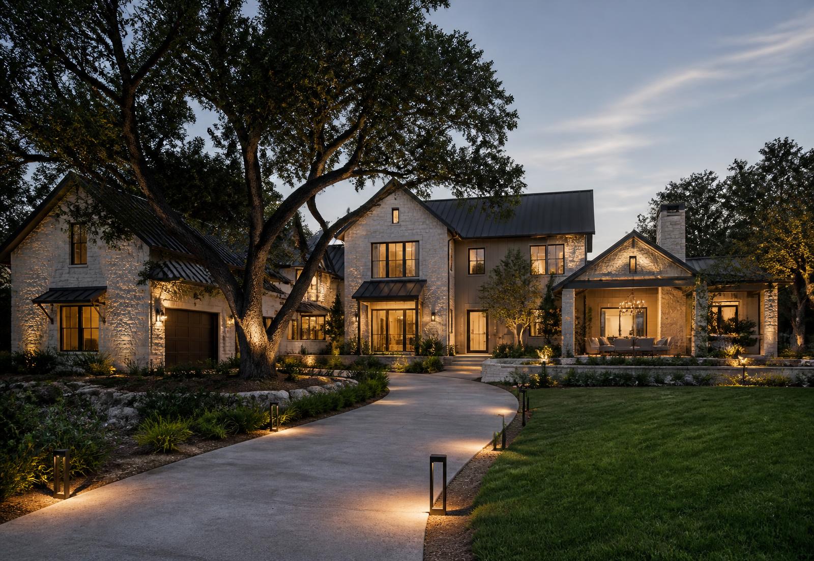 Custom luxury home design render at dusk, residential architect Houston