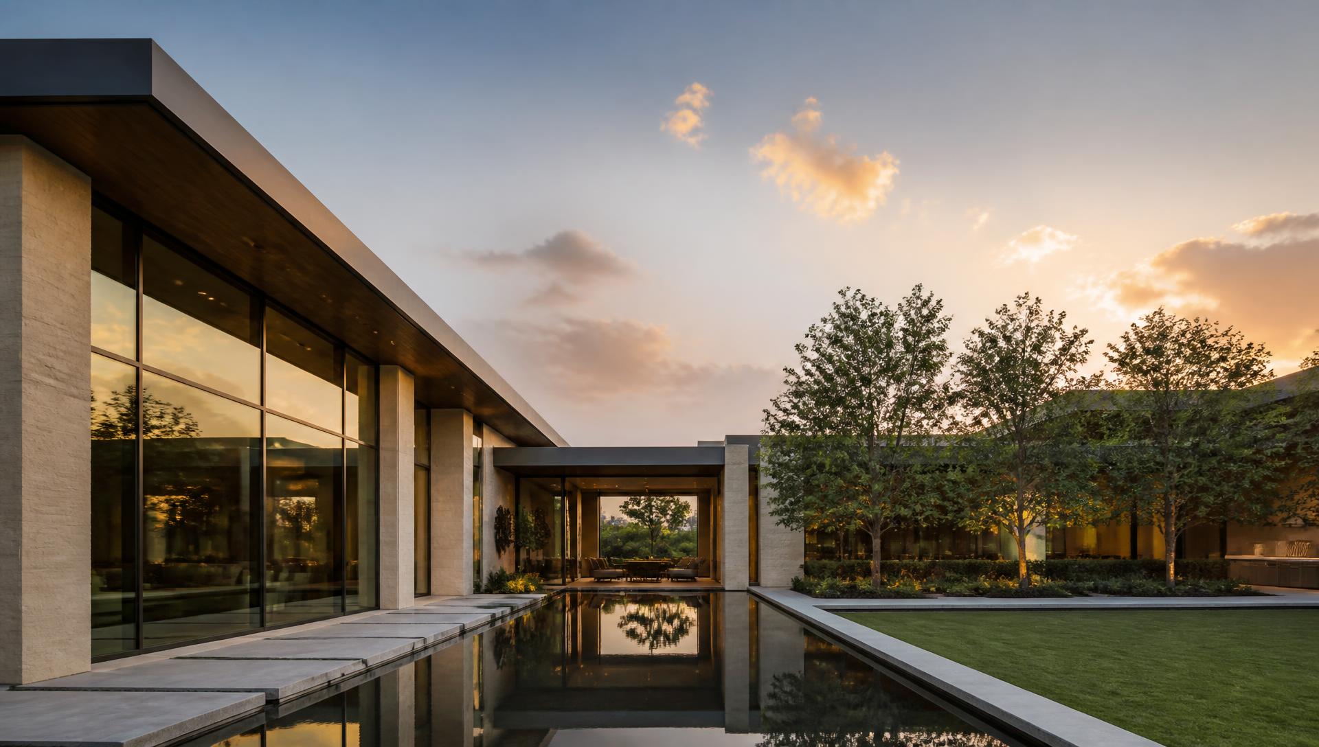 Luxury custom home design in Houston, Texas at golden hour by Vizion Urbana